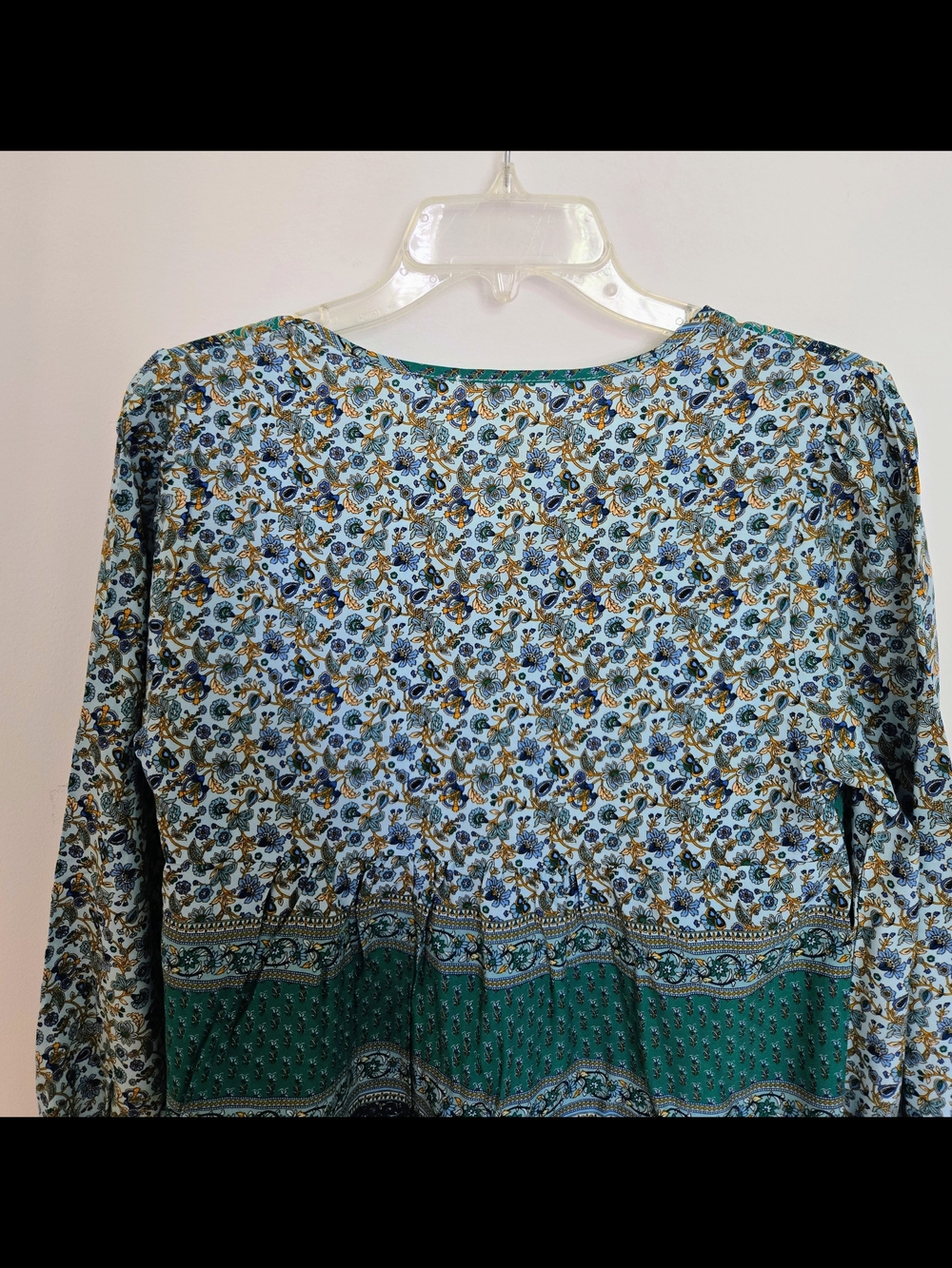 Bohemian Green Patterned Peasant Blouse With Puff Sleeves & Tassels V-neck SML - Picture 7 of 9